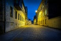 Perspective night view of a empty urban cobblestone street with moody lights. Royalty Free Stock Photo