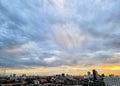 The perspective of nimbus clouds with rain in the sky over the city