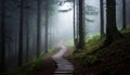 Perspective of path trail through the dark and foggy forrest Royalty Free Stock Photo