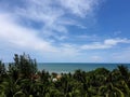 The perspective of the plantation of coconut palm trees near the beach with sea and clouds in the blue sky Royalty Free Stock Photo