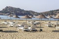 Perspective shoot of sunbeds on coastline of Mediterranean sea in Turkey Royalty Free Stock Photo