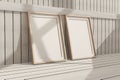 Perspective shot binary wooden poster frame,realistic interior mockup