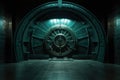 perspective shot of a circular bank vault door in a dimly lit room