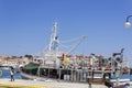 Perspective shot of fishing boat attached on ground in Lesvos, Mytilene