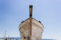 Perspective shot of front side fishing boat on ground for painting of trunk at Lesvos, Kalloni