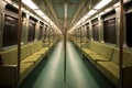 perspective shot of a long, empty subway train carriage