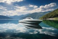 perspective shot of a long, sleek speedboat on a lake