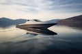 perspective shot of a long, sleek speedboat on a lake