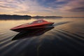 perspective shot of a long, sleek speedboat on a lake