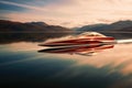 perspective shot of a long, sleek speedboat on a lake