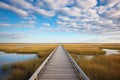 perspective shot of a long wooden walkway over a marsh Royalty Free Stock Photo