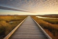 perspective shot of a long wooden walkway over a marsh Royalty Free Stock Photo