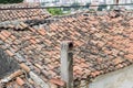 Perspective shot of old masonry constructed housing roof structure with over cast sky in Izmir at Turkey