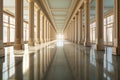 perspective shot of parallel columns lining a long office corridor