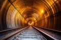 perspective shot of a rail tunnel with lights