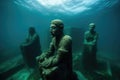 perspective shot of statues fading into ocean depths