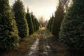 perspective shot of tree-lined path in a christmas tree farm