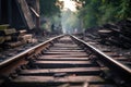 perspective shot of wooden sleepers on tracks Royalty Free Stock Photo