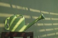 Plastic watering can on wooden chair with sunlight and shadow of sunshade battens on green cement wall Royalty Free Stock Photo