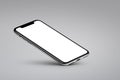 iPhone X. Perspective veiw smartphone mockup rests on one corner on gray background