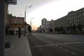 Perspective of Smolenskaya square and Novinsky boulevard early morning. Summer sunrise view.