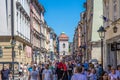 Perspective of st. Florian street with Florian Gate in distance in Cracow Old Town in Poland Royalty Free Stock Photo