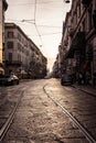 Perspective Tram Rail Lines Sunset Milan Italy Winter 2016 Warm