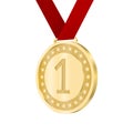 Perspective view of beautiful realistic first place golden medal hanging from a ribbon