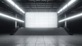 Perspective view on big blank white illuminated screen with place for your text or logo in empty huge hall with stage and stairway