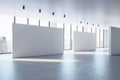 Perspective view on blank white partitions with space for advertisement or poster in sunlit empty exhibition hall with concrete Royalty Free Stock Photo