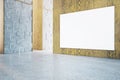 Perspective view on blank white poster with space for advertising text or logo on natural wooden wall background in abstract hall Royalty Free Stock Photo