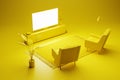 Perspective view on blank white tv screen with place for your logo or text in yellow colors living room with armchairs, carpet and