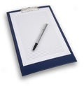 Perspective view of a blue clip board, and lined white paper, with a pen, isolated on white