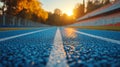Perspective view of a blue running track under a sunset sky Royalty Free Stock Photo