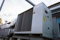 Perspective view of the gray commercial cooling unit for central ventilation system Royalty Free Stock Photo