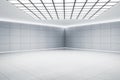 Perspective view on the corner in empty industrial style hall area with blank square printed light grey wall and concrete floor