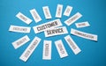 Perspective view of CUSTOMER SERVICE paper tag cloud on blue background Royalty Free Stock Photo