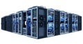 Data Center Server Room with Multiple Rows of Servers in Perspective View on White Background for Cloud Computing and Royalty Free Stock Photo