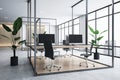 Perspective view on eco style open space office interior design with modern computers on wooden tables in metal frame work place, Royalty Free Stock Photo