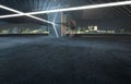 Perspective view of empty cement floor with modern steel and glass building exterior