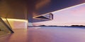 Perspective view of empty cement floor with steel and glass modern building exterior