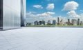 Perspective view of empty concrete tiles floor with city skyline Royalty Free Stock Photo