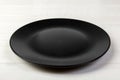 Perspective view. Empty dark matte dish for dinner on white wooden background