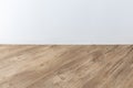 Perspective view of empty interior room with white cement wall and brown wooden herringbone floor Royalty Free Stock Photo