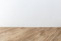 Perspective view of empty interior room with white cement wall and brown wooden herringbone floor Royalty Free Stock Photo
