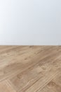 Perspective view of empty interior room with white cement wall and brown wooden herringbone floor Royalty Free Stock Photo