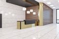 Perspective view on empty stylish dark and golden metallic reception desk in modern interior design business center office hall