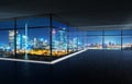 Perspective view of empty wood floor and cement ceiling interior with city skyline view