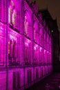 Perspective view of exterior of Natural History Museum in London lit by purple lights at night reflecting in wet pavement Royalty Free Stock Photo