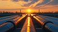 Perspective view of factory pipeline at sunset, crude gas and oil pipes of refinery plant or petrochemical industry. Scenery of
